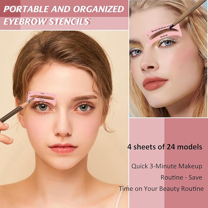 TORMEN 48 PCS Eyebrow Stencil Kit for Women 24 Styles Brow Stencil toolBrow Shaping Templates with Strap Makeup Skin-Friendly Shaper Beginners Pros