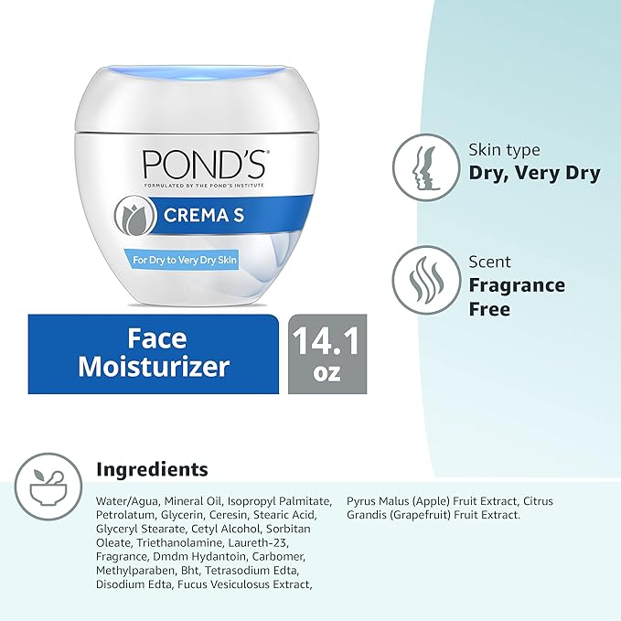 Pond's Nourishing Moisturizing Cream, Crema S, Fragrance Free, Ivory, 14.1 Oz (Pack of 2)