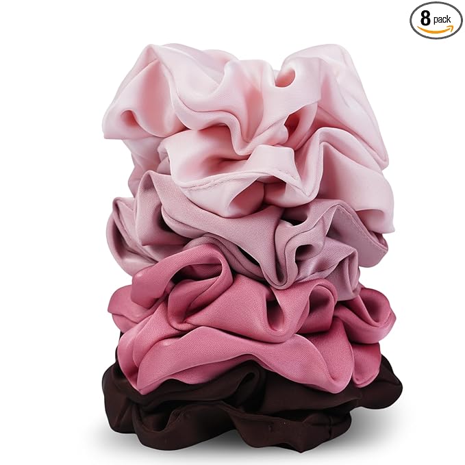 Satin Scrunchies for Women – 8PCS Blush & Brown Silk Hair Ties Set – No Crease, Frizz-Free, Gentle Elastic Hair Bands, Soft & Stylish Everyday Hair Accessories Gifts