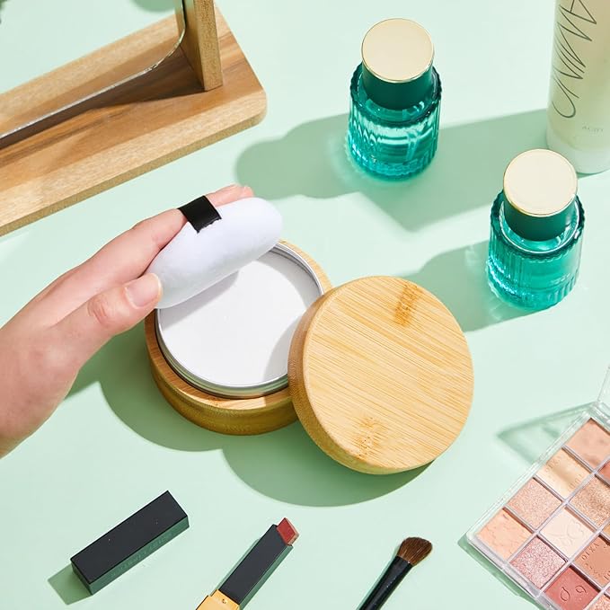 Frienda 150 ml Bamboo Loose Powder Puff and Container Empty Dusting Powder Jar for Body Face Makeup Travel Case Compact Case Holder with Sifter Lids and Puff