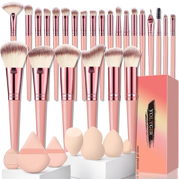 32Pcs Makeup Brushes Set Professional Makeup Kit – Foundation Powder Concealers Blush Eye shadows 25 Pcs Brushes with 4 Makeup Sponge & 3 Powder Puff (Pink)