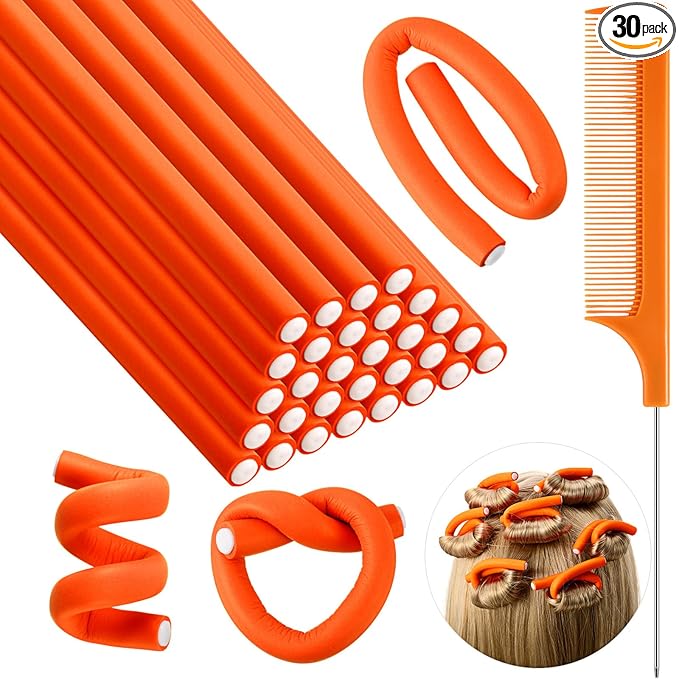 Syhood 30 Pcs 7'' Flexible Curling Rods Twist Foam Hair Rollers Soft Foam No Heat Hair Rods Rollers and 1 Steel Pintail Comb Rat Tail Comb for Women Long Short Hair(Orange,7 x 0.3 Inch)