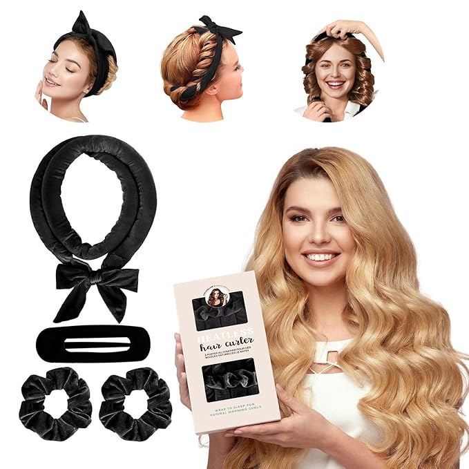Heatless Curls Overnight Headbands for Women, Heatless Curlers Set with Scrunchies and Clip, Hair Rollers for Women to Sleep in, Soft Velvet Heatless Hair Curler for Long Hair, No Heat Damage (Black)