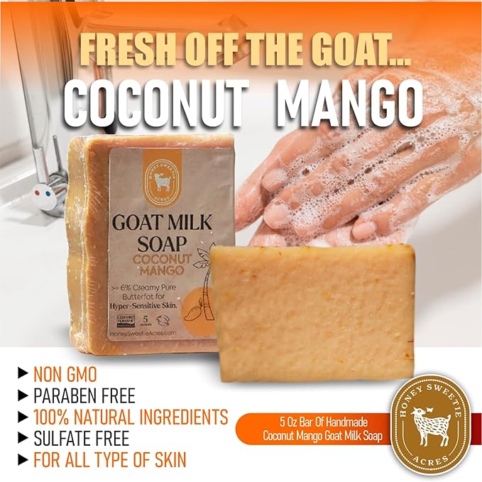 Honey Sweetie Acres 2-Pack Coco Mango Goat Milk Soap - Handmade 5 oz Bar, Made with Natural Ingredients, Moisturizing & Gentle, Made in the USA