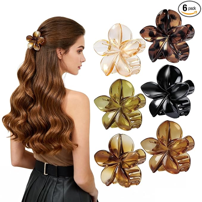 Hawaiian Flower Hair Clips for Women, Tropical Plumeria Hibiscus Claw Clips for Thick/Thin Hair, Non-Slip Large Hair Claws for Women Girls, Beach Vacation Hair Accessories 6 Pcs