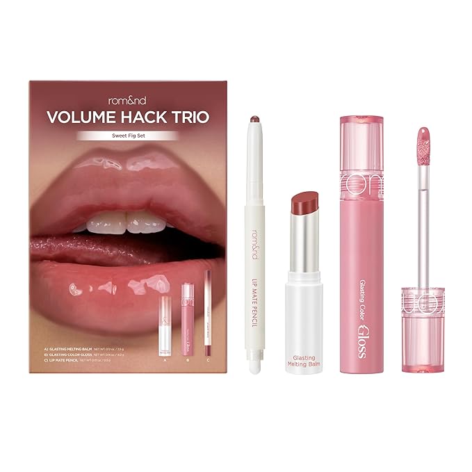 rom&nd Volume Hack Trio Sweet Fig Set | Korean Lip Combo for Plump, Hydrated & Glossy Lips | 3-in-1 Kit