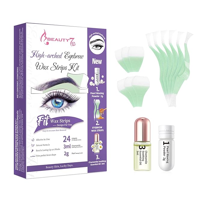 Beauty7 Eyebrow Wax Strips High-arched Eyebrow Wax Strips Kit Hair Removal at Home Waxing 24 Strips with Pearl Powder Essential Oil for Sensitive All Skin Types Women