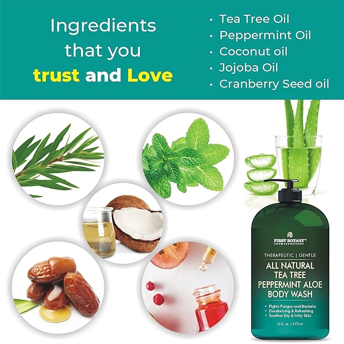 First Botany, All Natural Tea Tree Body Wash Fights Body Odor Athlete's Foot Jock Itch Nail Issues Dandruff Acne Eczema Yeast Infection Shower Gel Eucalyptus & Peppermint Aloe Skin Cleanser 16 X 2 fl