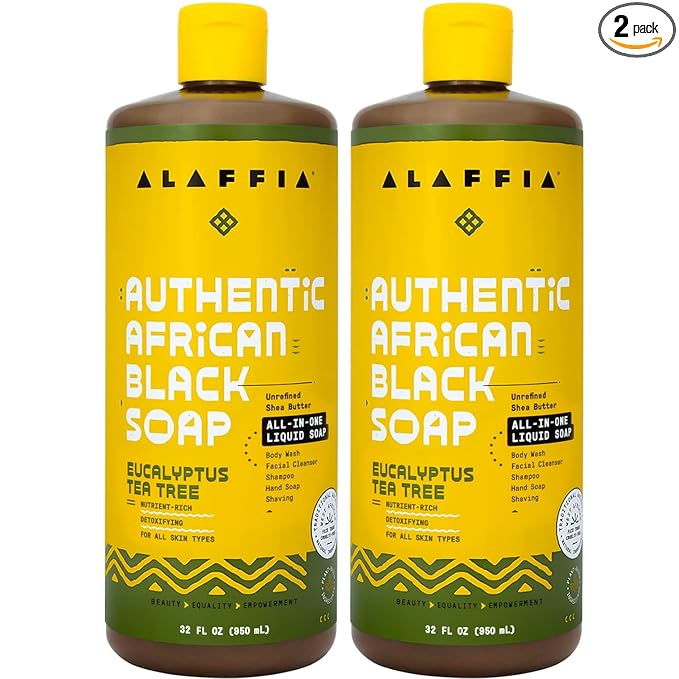 Alaffia Authentic African Black Soap, Eucalyptus Tea Tree, 2-Pack – All-in-One Moisturizing Cleanser for Face, Hands, Body & Hair, 32 Oz Ea