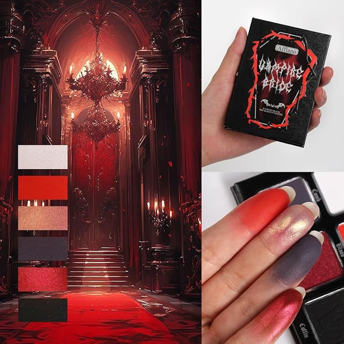 Black Red Eyeshadow Palette, Highly Pigmented True Red White Dark Grey Goth Smoky Eyeshadow Palette, 6 Color Matte Shimmer Burgundy Metallic Halloween Makeup Palette for Zombie Vampire Clown,Blendable