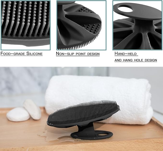 INNERNEED Soft Silicone Body Scrubber Exfoliating Glove Shower Cleansing Brush, SPA Massage Skin Care Tool, for Sensitive and All Kinds of Skin (Gray+Black)