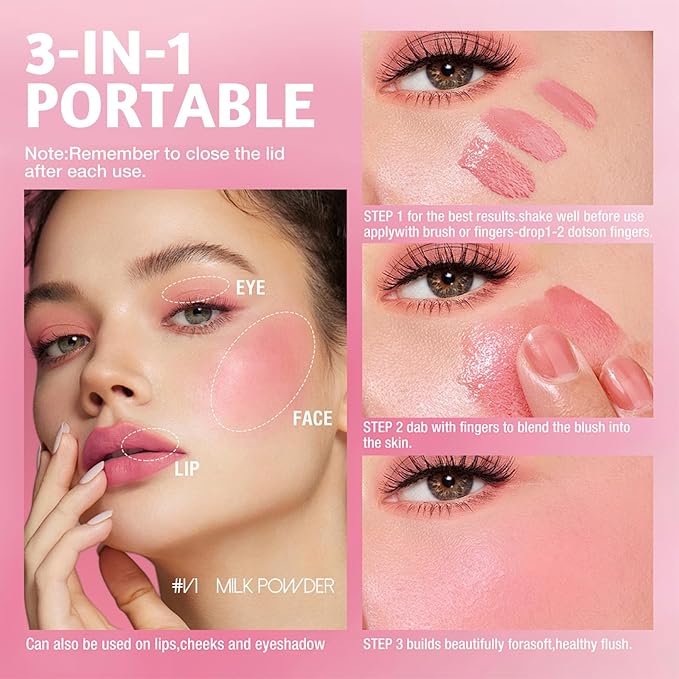 Blush Liquid Makeup Cream Stick, Blendable Cheek Weightless Watercolor Sheer Finish, Soft Peach Face Tint for Mature Skin, Easy Application Beauty Essential (V1 Milk Powder)