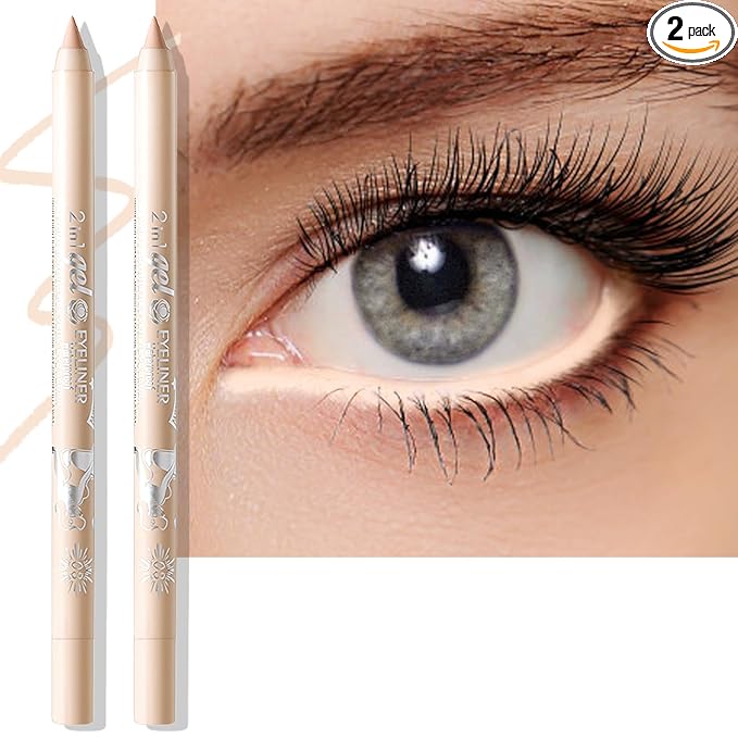 2 PCS Nude Waterline Eyeliner Pencil, Cream Gel Eyeliner Smooth Waterproof Smudge-Proof Lasting Ultra-Pigmented Eye Brightener Pen with Sharpener Makeup for women Multi-Use Eye Liner Crayon