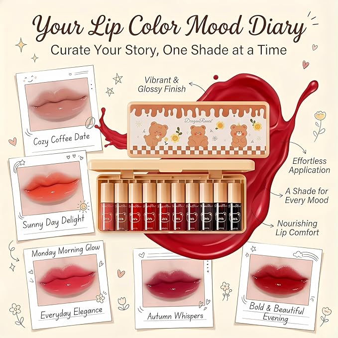 Eakroo 10 Colors Lip Tint Stain Set, Korean Lip tint, Lip Gloss for Women, Lip Gloss Set, Lip Oil Stain, Cute Stuff, Lip Stain Long Lasting Waterproof, Non-Stick Cup, Vivid Color, Lip Color Makeup