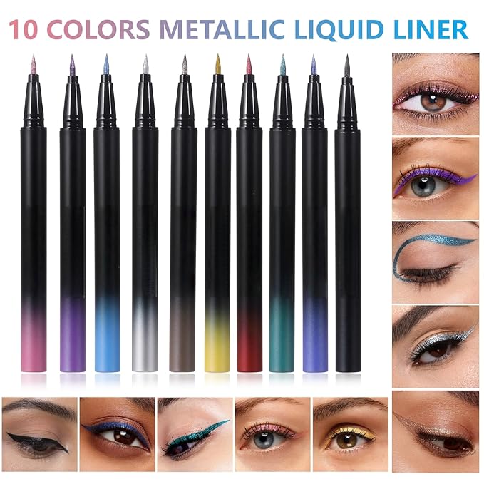 SAUBZEAN Metallic Liquid Eyeliner, Waterproof & Smudge-Proof Shimmer Eye Liner with Precision Brush, Long-Lasting Bold Color, Quick-Dry & Easy Removal, for Winged Makeup, Peacock Green