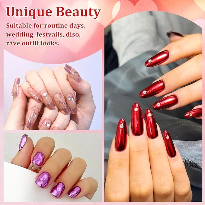 Allstarry Pink Chrome Nail Powder, Metallic 4 Colors Valentines Nails Powder Mirror Effect Manicure Pigment Pink Red Chrome Powder Glitter Dust Women Gifts Valentines Nail Art
