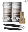 Lash Eyebrow Extensions Kit with 2 Tray of Mink False Eyebrows in Dark Brown, Comes on Mixed Length Trays 5-8 mm, Eyebrow Glue Clear & Dual Pack (Straight & Curved Tip) Extension Tweezer