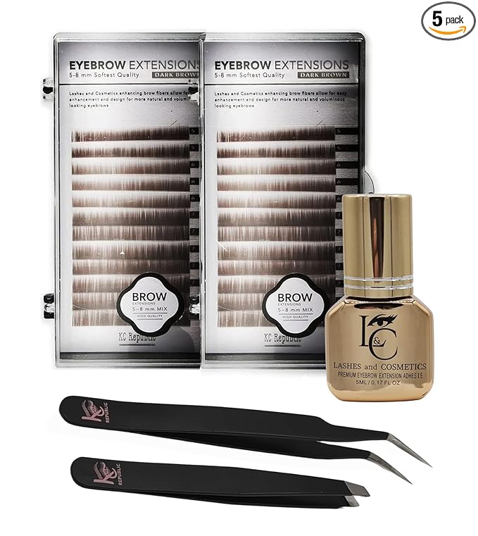 Lash Eyebrow Extensions Kit with 2 Tray of Mink False Eyebrows in Dark Brown, Comes on Mixed Length Trays 5-8 mm, Eyebrow Glue Clear & Dual Pack (Straight & Curved Tip) Extension Tweezer