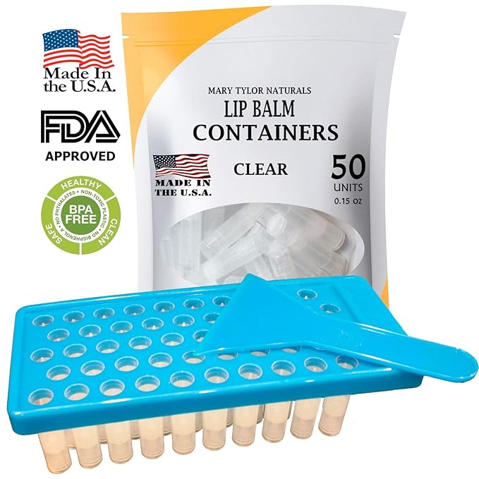 Lip Balm Container Tray Kit with Fill Tray and Spatula, BPA Free, Made in the USA, Includes 50 Clear Containers with Caps (0.15 oz each) by Mary Tylor Naturals