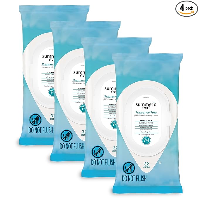 Summer's Eve Feminine Wipes, Fragrance Free, Vaginal Wipes with Gentle pH-Balanced Micellar Water Formula, Feminine Care to Help Remove Vaginal Odor, Gynecologist Tested, 32 Wipes, 4 Pack