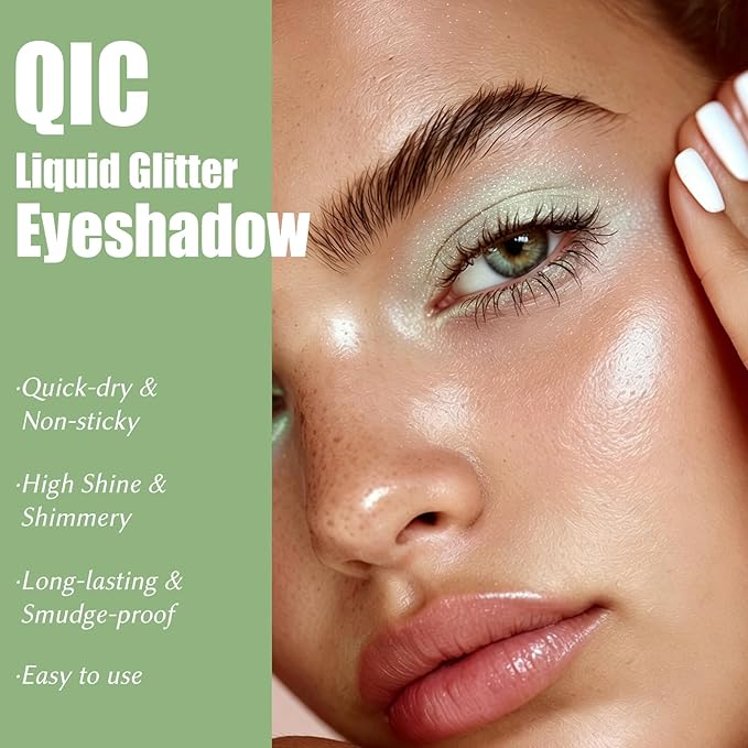 QIC Liquid Glitter Eyeshadow, Metallic & Shimmer Finish, Long Lasting, Non-Creasing, Smudge-proof, Lightweight Formula Liquid Eyeshadow for All Skin Tones, Buildable Color (08 Mint Green)