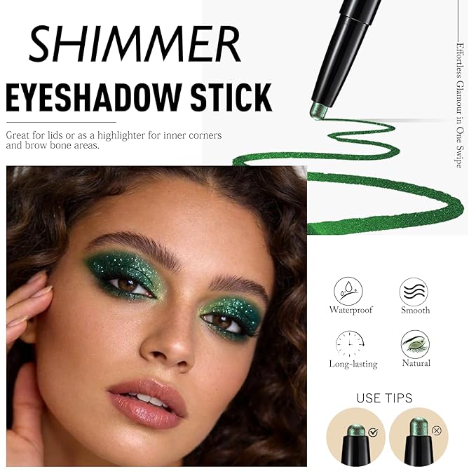 Cream Eyeshadow Stick, Green Shimmer Eye Shadow for Older Women Long-Lasting Waterproof, Metallic Eyeshadow Pencil Crayon Buildable & Blendable High Pigmented Sparkle Eye Highlighter Makeup