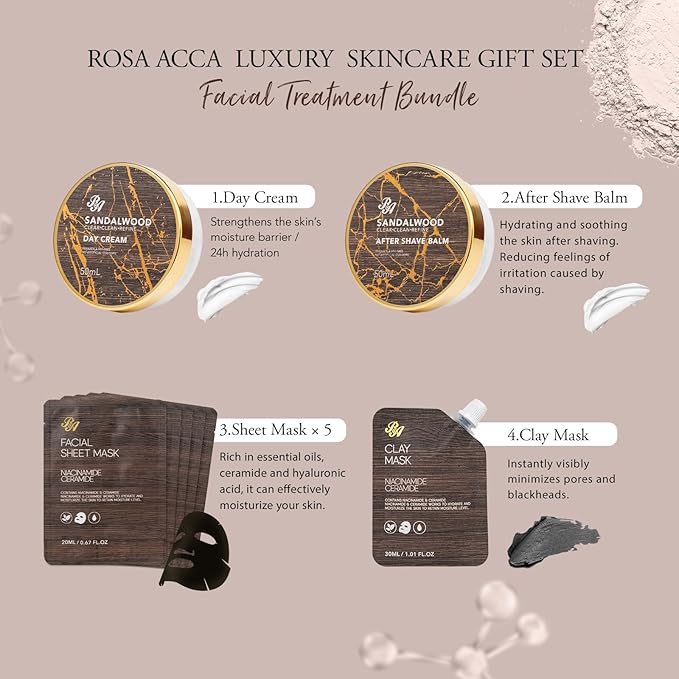 Sandalwood Beard Grooming Set For Men, 21 Pcs Facial Skin Care Set, Spa & Self-Care Gift Basket Set, Bath and Body Gift Set, Bath Bomb, Birthday, Christmas, Valentines, Father's Day Gift, Husband, Dad