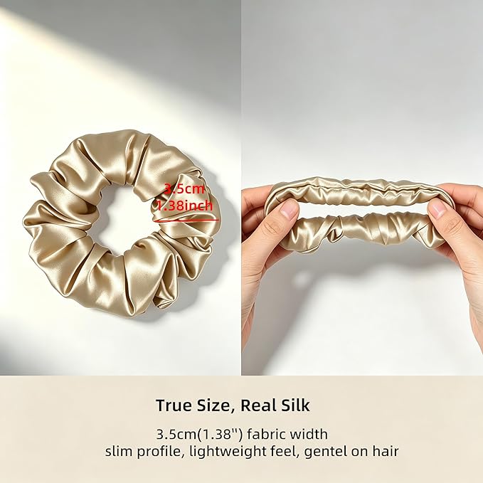 ZLYC 100% Mulberry Silk Scrunchie 19 Momme Gentle Creaseless Hair Tie for Women Dent-Free Ponytail Holder, 3.5cm Solid Oatmeal