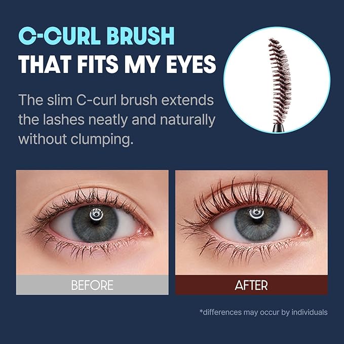COSNORI Perfect Setting Waterproof Mascara Long&Curl 1.5 Black Brown – Long Lasting Smudge - Black Brown Mascara - Soft yet Defined Daily Use - K Beauty - 0.23fl oz (7ml)