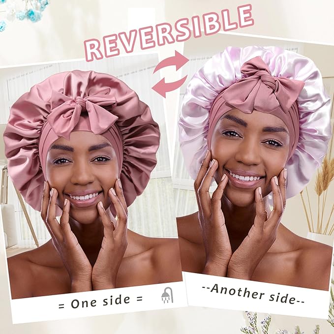 AWAYTR Women's Reversible Satin Bonnet with 3PCS Hair Scrunchies Tie Band for Sleeping, Large 2 Layered Silk Sleeping Cap Nightcap (Reversible (Dust Rose/Pink))