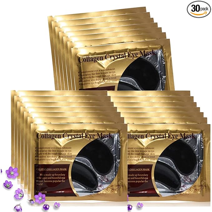 Eye Mask, 30 Pairs Collagen Under Eye Patches, Black Crystal Eye Gel Pads for Reducing Dark Circles, Lighten Wrinkles Anti-Aging Moisturizing, Fine Lines Eye Bags Puffiness Women Men