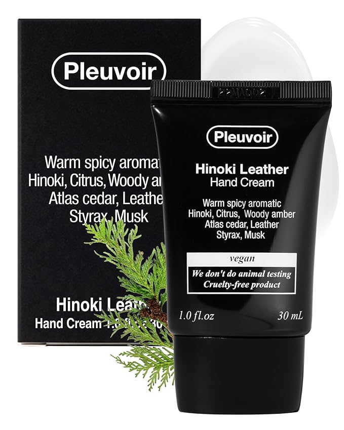 Pleuvoir Hinoki Leather Perfume Hand Cream for Men & Women, Spicy Woody Niche Fragrance with Japanese Cypress, Travel Size with 5 Hyaluronic Acids, Shea Butter & Jojoba Oil, Non-Greasy K-Beauty 1 oz