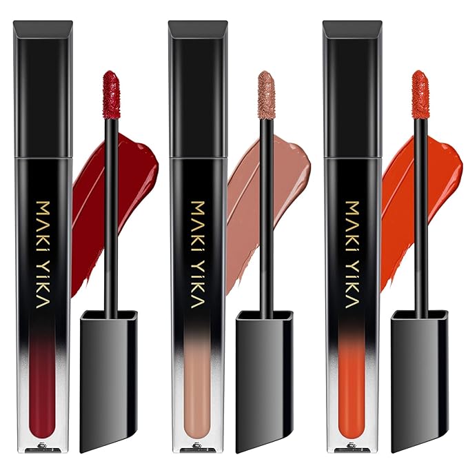 MAKI YIKA 3Pcs Matte Liquid Lipstick Makeup Set Dark Red Nude Orange Lipstick Long Lasting Smudgeproof Transfer Proof Lip Makeup, DarkRed/Nude/Orange | quick dry, waterproof