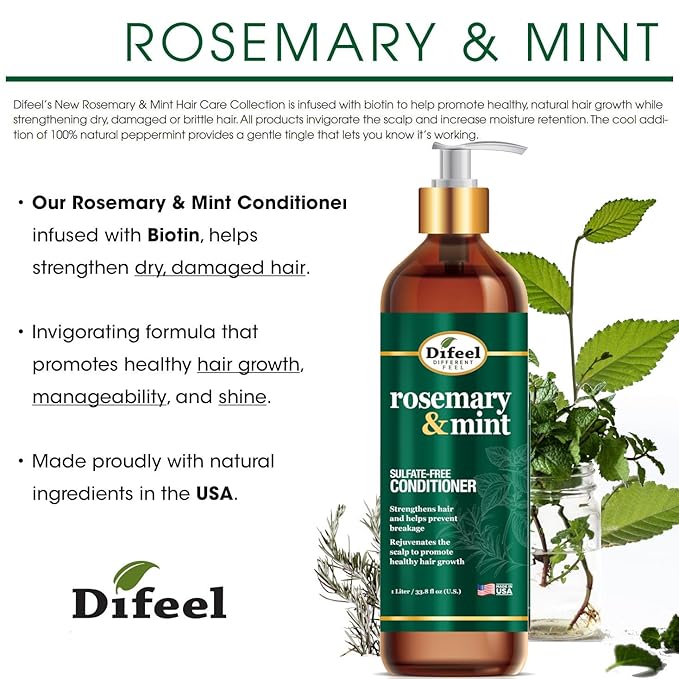 Difeel Elevated Rosemary and Mint Conditioner 33.8 oz. - Made with Natural Rosemary Oil for Hair Growth, Paraben Free, Phthalate Free, Color Safe Formula