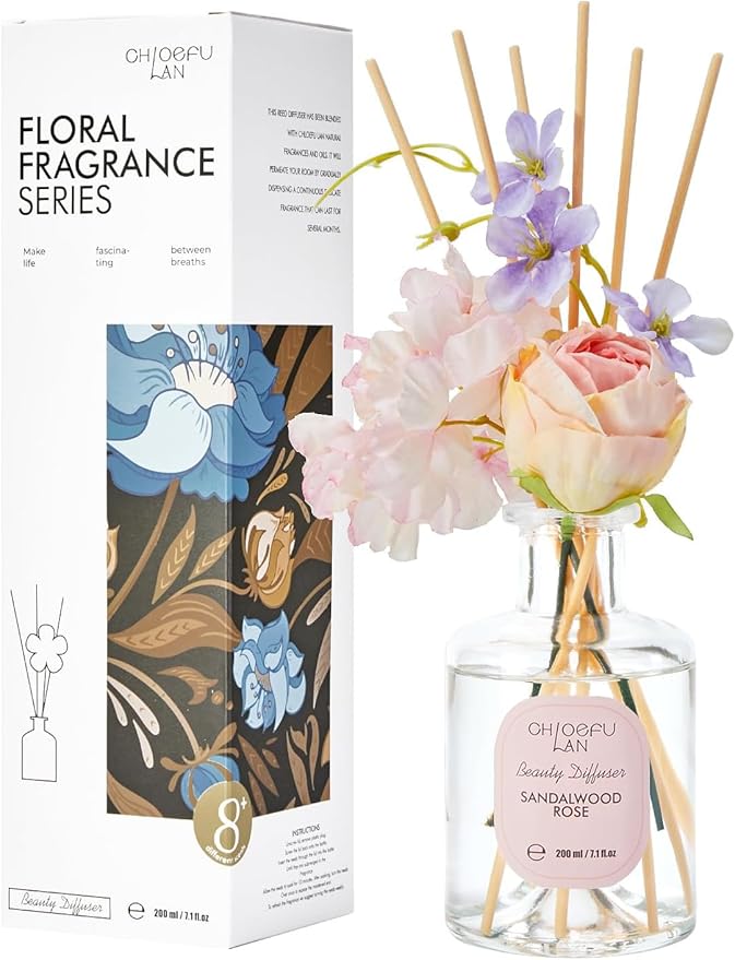 Premium Reéd Diffuser Set with Pink & Purple Flowers Reéd Diffuser Sticks Sandalwood Rose | 6.7oz Scent Fragrance Oil Diffuser for Bedroom Bathroom Home Shelf Décor
