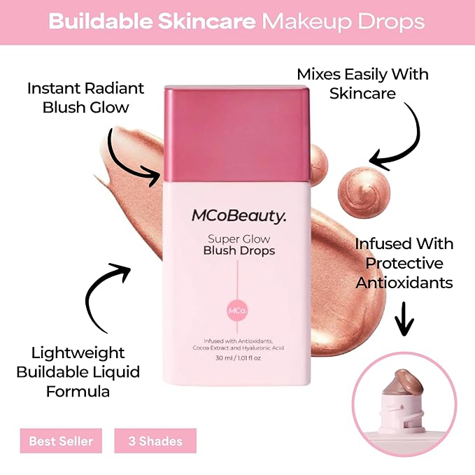 MCoBeauty Super Glow Blush Drops - Peachy Pink - Buildable Liquid Cheek Color - Lightweight & Long Wearing - Warm Flush Skincare Makeup Hybrid for All Skin Types - Vegan & Cruelty Free