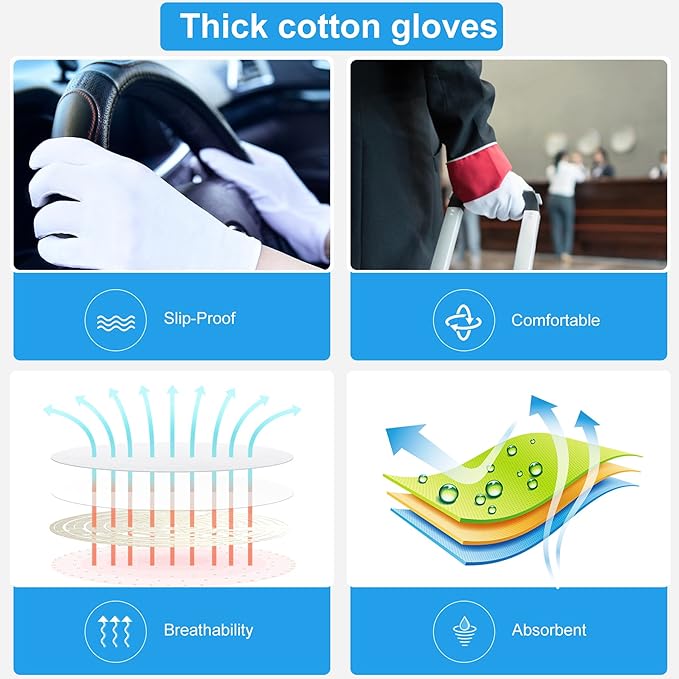White Gloves, 6 Pairs(12 Pcs) Thinck Cotton Gloves for Dry Hands Sleeping, Moisturizing Gloves Spa Eczema Overnight, Work Gloves for Coin Jewelry Service