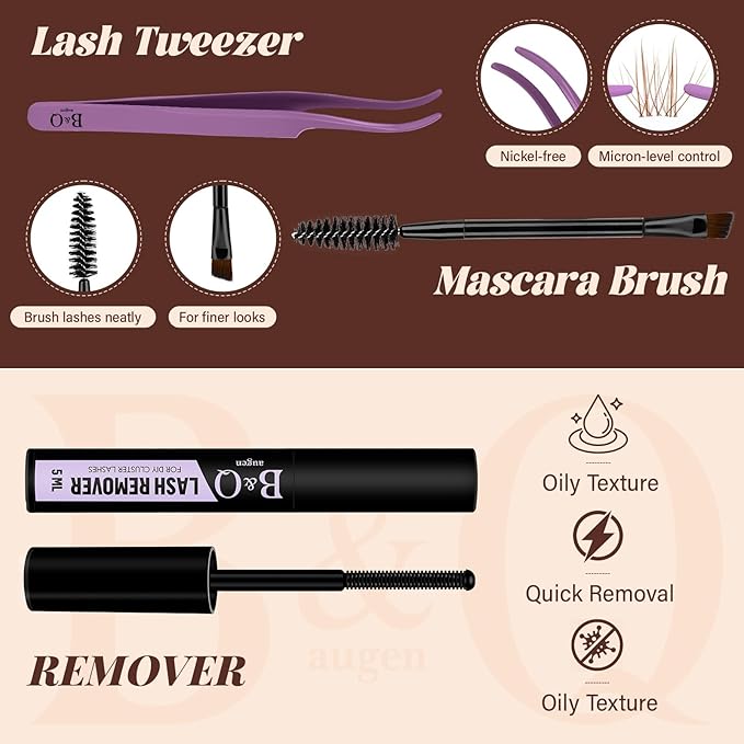 B&Q Brown Lash Clusters Kit Natural Mochalash Clusters 01, Brown Eyelash Clusters Kit C-Curl Cluster Eyelash Extensions 8-16mm Wispy Lash Eyelashes Kit for Fair/Dark Hair(Mochalash 01 Set)