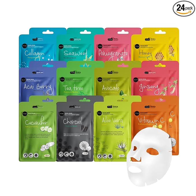 Celavi Essence Facial Sheet Face Mask Variety Set Classic Authentic Korean Moisturizing Skincare (Variation 1, 12 Count (Pack of 2))