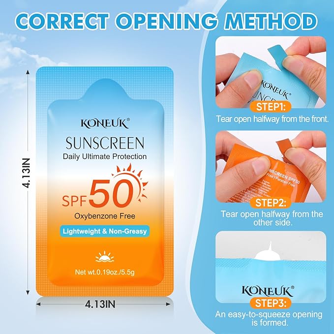 30 Pack Travel Size Sunscreen, SPF 50, Bulk Mini Sunscreen for Face and Body, Lightweight and Non-Greasy, Travel Size for Summer Beach and Outdoor, 0.19 OZ/Pack