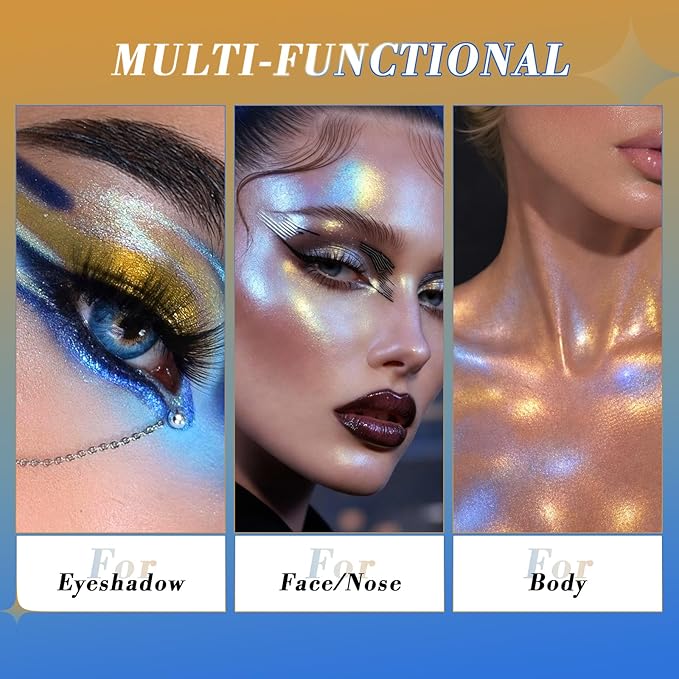 Half Magic Glitter Eyeshadow, Multi Chromatic Glitter Eyeshadow, 3-Color Gold-Gray-Blue Chameleon Iridescent Holographic Cream Eye Shadow, #01
