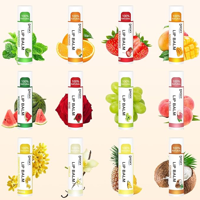 DMSKY Lip Balm 108 Pack, Natural Lip Balm Bulk with Vitamin E and Coconut Oil, Moisturizing Lip Care for Dry Chapped Lips, Party Favors-12 Flavors