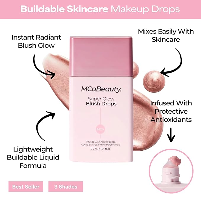 MCoBeauty Super Glow Blush Drops - Blush Pink - Liquid Cheek Color - Buildable Warm Flush with Jojoba Oil Hyaluronic Acid Cocoa Extract White Tea Antioxidants - Vegan & Cruelty Free