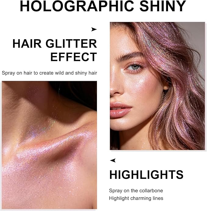 Hair and Body Glitter Spray, Glitter Hairspray Dry Powder Makeup for Clothes, Festival Rave Prom Loose Sparkle Powder,Holographic Ultra Fine Resin Glitters for Crafts (Metallic Beauty Beam)