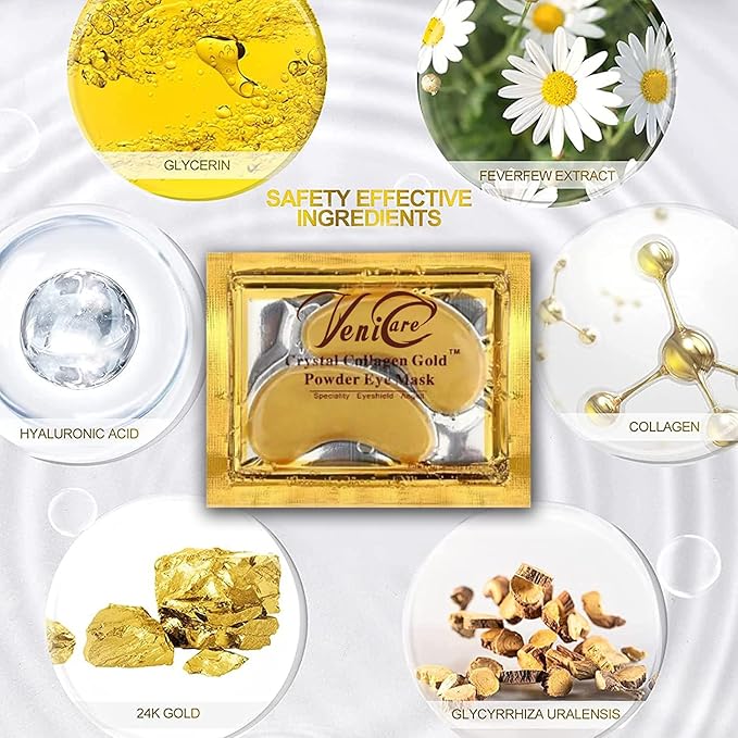 Anti Aging Crystal 24K Gold Powder Gel Collagen Eye Masks Sheet Patch VeniCare (30 Pairs)
