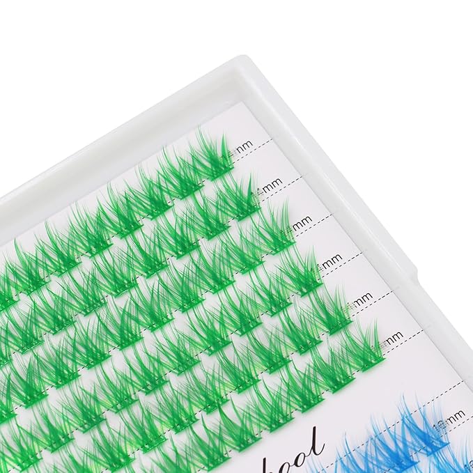 12rows-Large Tray Mixed 8-10-12-14-16mm/Mixed 14-15-16mm/Mixed14mm-16mm/Mixed 18-20mm Wide Stem Individual False Eyelashes Dramatic Black Cluster Eyelashes (LC07-Green-blue-14-16mm)