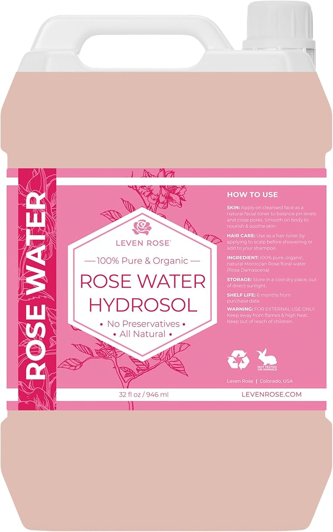 Leven Rose Pure Rose Water Hydrosol for Face & Hair, 32 oz Bulk Refill, Hydrating Rosewater Toner, Facial Mist Refill for Skin Care and Hair Care