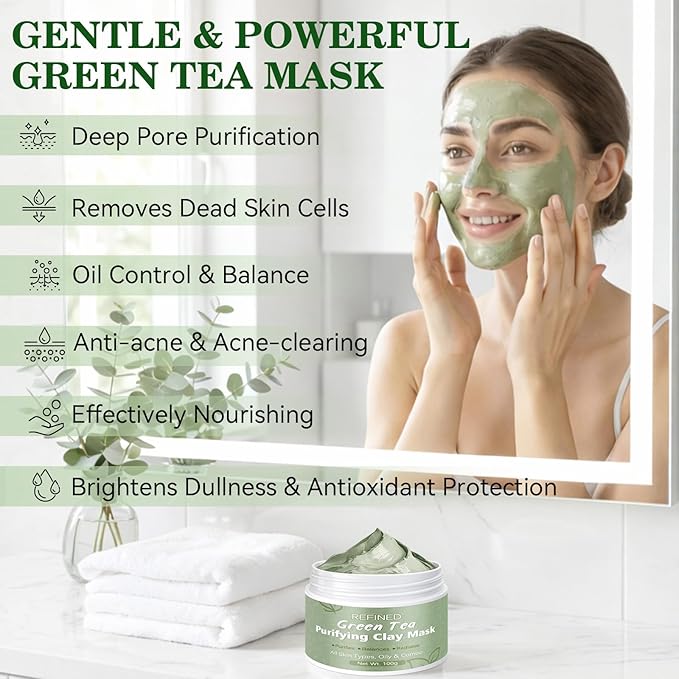 Green Tea Mask, Natural Clay Mask for Face, Deep Pores Cleansing, Oil Control, Moisturizing & Hydrating with Green Tea Extract & Kaolin Clay, Antioxidant Green Tea Face Mask Skincare(3.52 Ounce)