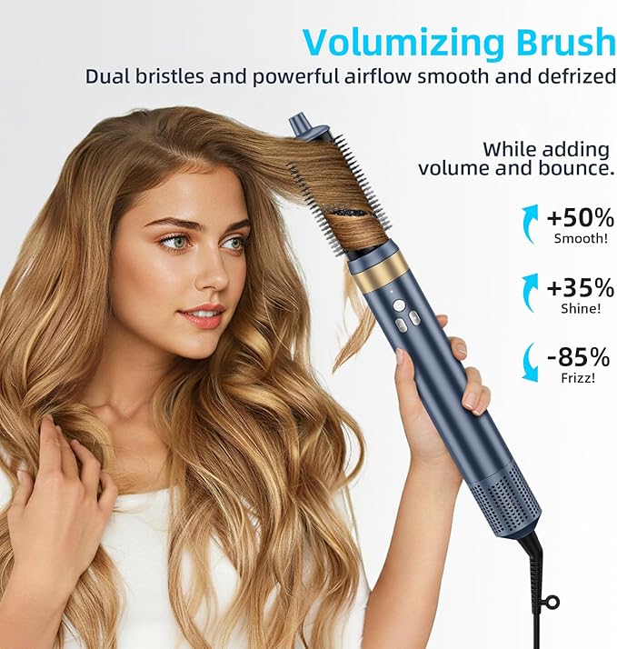 6-in-1 Hot Air Styler & Blow Dryer Brush, Ionic Hair Dryer Volumizer, Multi-Function with Interchangeable Attachments for Curling, Straightening & Fast Drying, Ideal Gift for Women(Gemstone Blue)