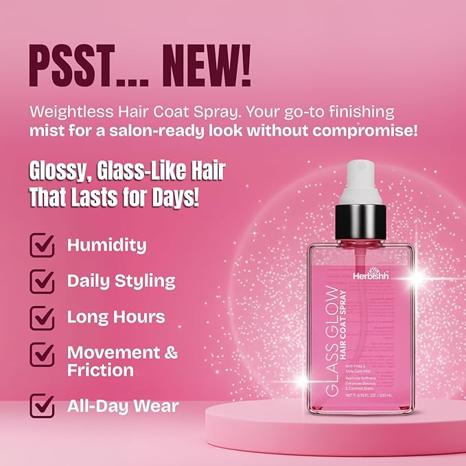 Herbishh Glass Glow Hair Coat Spray(6.76 fl oz)Anti Humidity & Heat Protectant Shine Coat for Frizz Control & Glossy Finish, Lightweight Texture Finishing Mist, Salon Quality Styling Spray Women & Men